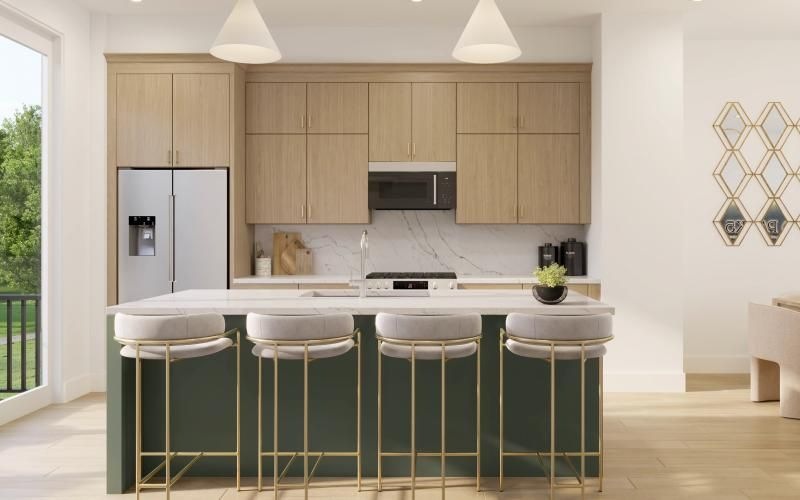 a kitchen with a bar stools and a bar